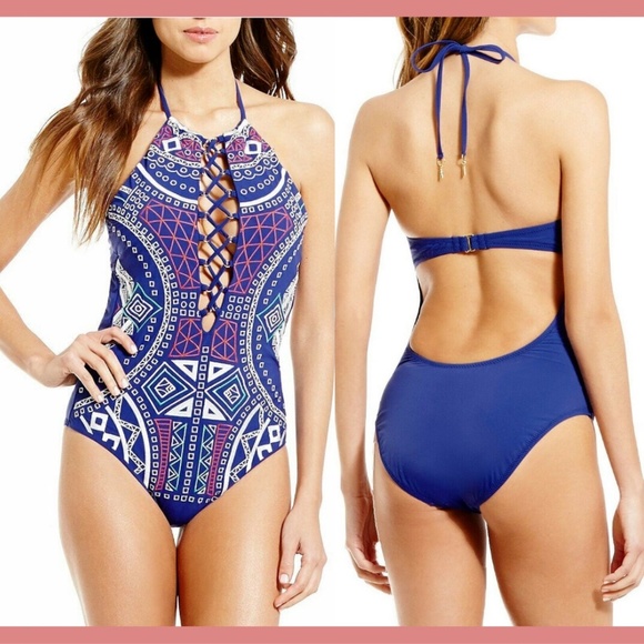 NEW $184 Trina Turk Jakarta High Neck One-Piece Swimsuit in Blue [SZ‎ 4 ] - Picture 1 of 8